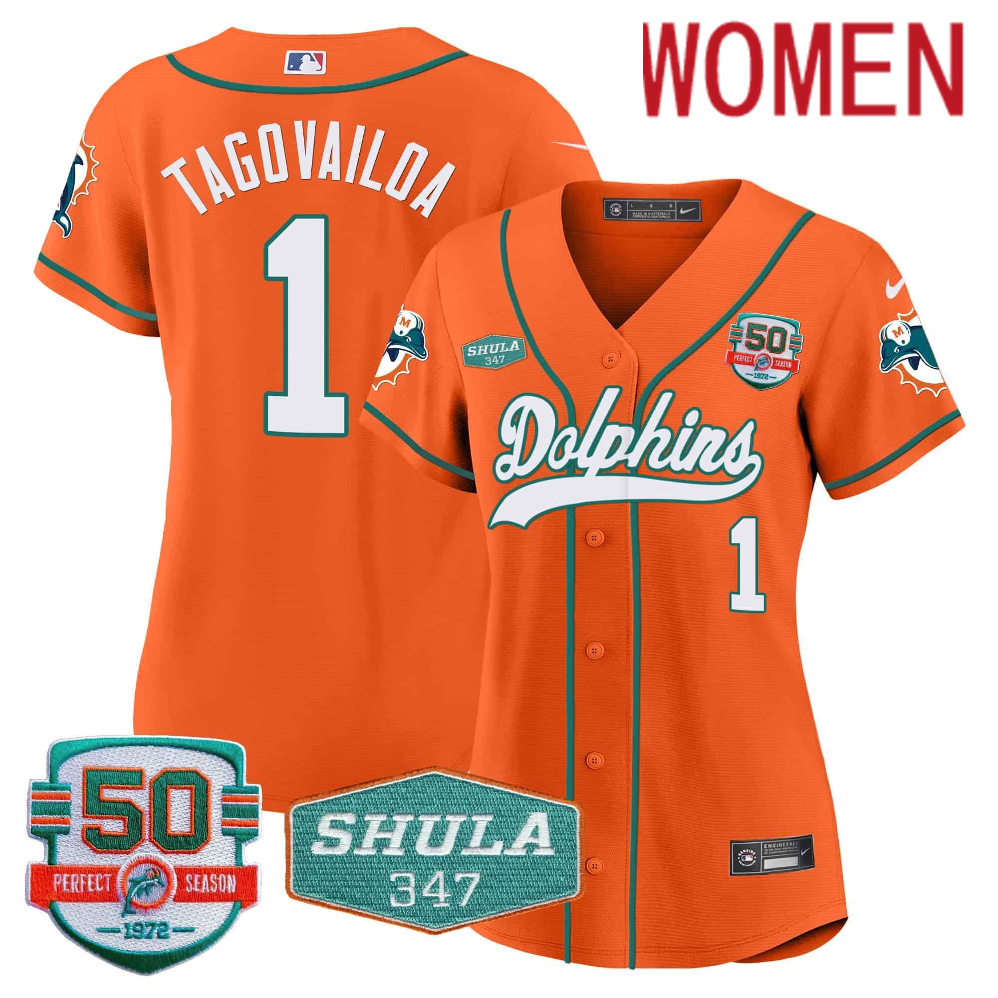Women Miami Dolphins #1 Tagovailoa Orange 2024 Nike 50th Don Shula Memorial Patch Baseball NFL Jersey
